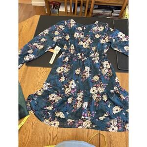 June & Hudson Floral Chiffon Dress Teal Ruffle Smocked Long Sleeve V-Neck L/XL